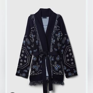 GAP Navy Blue Fringe Belted Paisley Cardigan